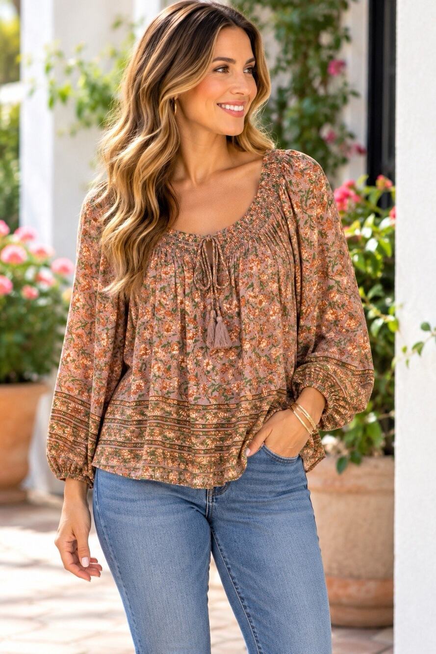 Lucky Brand Brown Green Floral Bubble Hem Peasant Top So Xl Boho Cottage